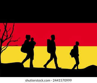 Immigration and refugees front of Germany flag, immigrant and refugee concept, Germany immigrants, refugee day, freedom and human rights idea, poverty and illegal immigrants