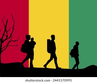 Immigration and refugees front of Guinea flag, immigrant and refugee concept, Guinea immigrants, refugee day, freedom and human rights idea, poverty and illegal immigrants