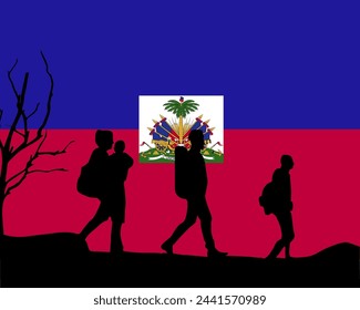 Immigration and refugees front of Haiti flag, immigrant and refugee concept, Haiti immigrants, refugee day, freedom and human rights idea, poverty and illegal immigrants