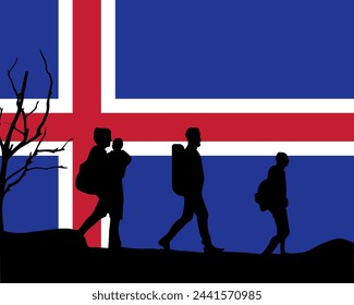 Immigration and refugees front of Iceland flag, immigrant and refugee concept, Iceland immigrants, refugee day, freedom and human rights idea, poverty and illegal immigrants
