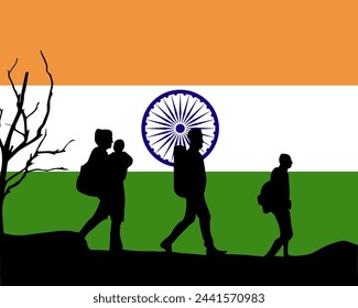 Immigration and refugees front of India flag, immigrant and refugee concept, India immigrants, refugee day, freedom and human rights idea, poverty and illegal immigrants