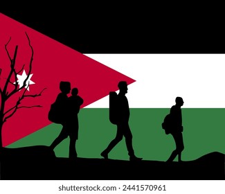 Immigration and refugees front of Jordan flag, immigrant and refugee concept, Jordan immigrants, refugee day, freedom and human rights idea, poverty and illegal immigrants