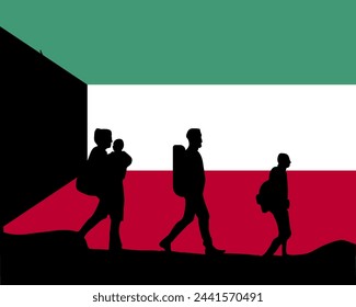 Immigration and refugees front of Kuwait flag, immigrant and refugee concept, Kuwait immigrants, refugee day, freedom and human rights idea, poverty and illegal immigrants