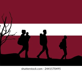 Immigration and refugees front of Latvia flag, immigrant and refugee concept, Latvia immigrants, refugee day, freedom and human rights idea, poverty and illegal immigrants