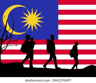 Immigration and refugees front of Malaysia flag, immigrant and refugee concept, Malaysia immigrants, refugee day, freedom and human rights idea, poverty and illegal immigrants