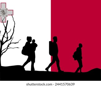 Immigration and refugees front of Malta flag, immigrant and refugee concept, Malta immigrants, refugee day, freedom and human rights idea, poverty and illegal immigrants