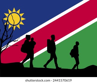 Immigration and refugees front of Namibia flag, immigrant and refugee concept, Namibia immigrants, refugee day, freedom and human rights idea, poverty and illegal immigrants