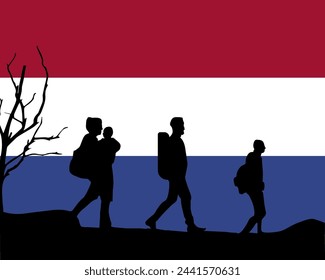 Immigration and refugees front of Netherlands flag, immigrant and refugee concept, Netherlands immigrants, refugee day, freedom and human rights idea, poverty and illegal immigrants