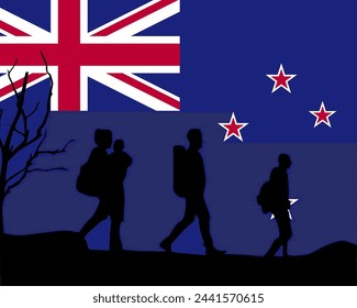Immigration and refugees front of New Zealand flag, immigrant and refugee concept, New Zealand immigrants, refugee day, freedom and human rights idea, poverty and illegal immigrants