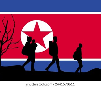 Immigration and refugees front of North Korea flag, immigrant and refugee concept, North Korea immigrants, refugee day, freedom and human rights idea, poverty and illegal immigrants