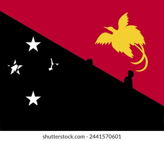 Immigration and refugees front of Papua New Guinea flag, immigrant and refugee concept, Papua New Guinea immigrants, refugee day, freedom and human rights idea, poverty and illegal immigrants