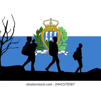 Immigration and refugees front of San Marino flag, immigrant and refugee concept, San Marino immigrants, refugee day, freedom and human rights idea, poverty and illegal immigrants