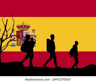 Immigration and refugees front of Spain flag, immigrant and refugee concept, Spain immigrants, refugee day, freedom and human rights idea, poverty and illegal immigrants