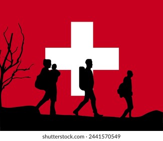 Immigration and refugees front of Switzerland flag, immigrant and refugee concept, Switzerland immigrants, refugee day, freedom and human rights idea, poverty and illegal immigrants