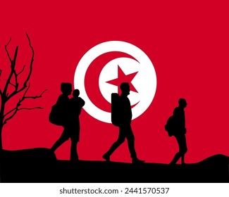 Immigration and refugees front of Tunisia flag, immigrant and refugee concept, Tunisia immigrants, refugee day, freedom and human rights idea, poverty and illegal immigrants