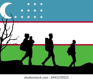 Immigration and refugees front of Uzbekistan flag, immigrant and refugee concept, Uzbekistan immigrants, refugee day, freedom and human rights idea, poverty and illegal immigrants