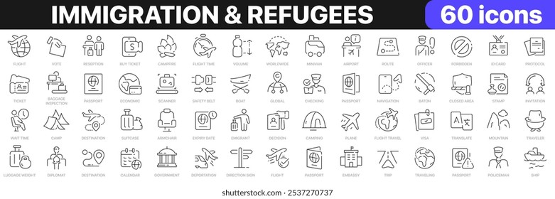 Colección de iconos de línea de inmigración y refugiados. Embajada, protocolo, comprobación, invitación, iconos de emigrantes. Conjunto de iconos de interfaz de usuario. Paquete de iconos de contorno delgado. Ilustración vectorial EPS10