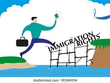 Immigration Rights Concept. Man moves to another land showing his paper for approval. Editable Clip Art.