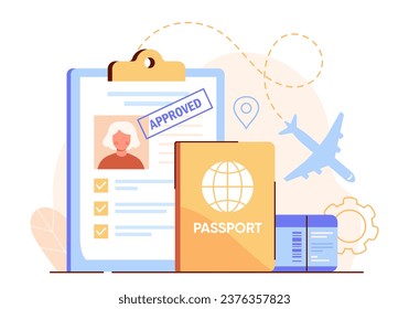 Immigration scene concept. Female foreign passport and visa at backderop of airplane. Documents for tourist and traveller. Cartoon flat vector illustration isolated on white background