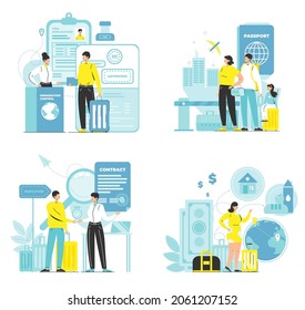 Immigration scene set, flat vector isometric illustration. Visa center, people traveling abroad for permanent residence.