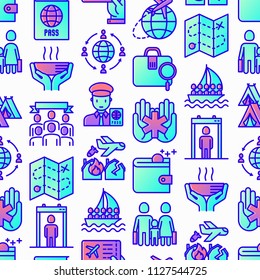 Immigration seamless pattern with thin line icons: immigrants, illegals, baggage examination, passport, international flights, customs, inspection, refugee camp. Modern vector illustration.