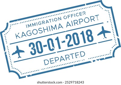 O carimbo de imigração exibe a data do Aeroporto de Kagoshima 30 01 2018 e o status Partida refletindo o histórico de viagem e a documentação.