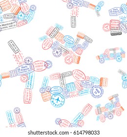 A lot of immigration stamps arranged in car, plane, ship and train shape on white, seamless pattern