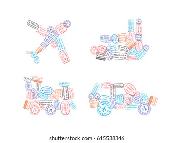 A lot of immigration stamps arranged in car, plane, ship and train shape isolated on white