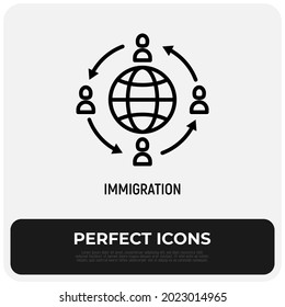 Immigration thin line icon, people moving around globe. Modern vector illustration.