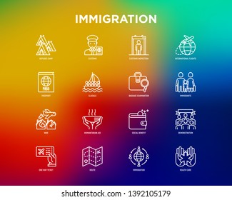 Immigration thin line icons set: immigrants, illegals, baggage examination, passport, international flights, customs, inspection, refugee camp, one way ticket, route. Modern vector illustration.