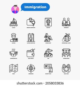 Immigration thin line icons set, immigrants, illegals, baggage examination, passport, international flights, customs, inspection, refugee camp, demonstration. Modern vector illustration.
