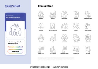 Immigration thin line icons set: immigrants, illegals, baggage examination, passport, resident card, public housing, customs, inspection, refugee camp. Editable stroke. Vector illustration.