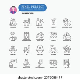 Immigration thin line icons set: immigrants, illegals, baggage examination, passport, resident card, public housing, customs, inspection, refugee camp. Editable stroke. Vector illustration.