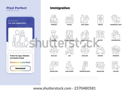 Immigration thin line icons set: immigrants, illegals, baggage examination, passport, resident card, public housing, customs, inspection, refugee camp. Editable stroke. Vector illustration.
