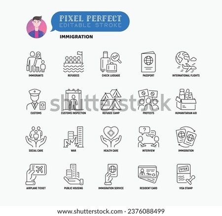 Immigration thin line icons set: immigrants, illegals, baggage examination, passport, resident card, public housing, customs, inspection, refugee camp. Editable stroke. Vector illustration.