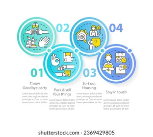 Immigration tips circle infographic template. Prepare to relocate abroad. Data visualization with 5 steps. Editable timeline info chart. Workflow layout with line icons. Myriad Pro-Regular font used