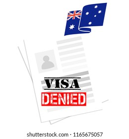 Immigration Or Tourism Australian Visa Denied Refusal. Contract  White  Document With Text, Photo And Australia Flag. Concept Of Government Programs, Application Agreement. Work Live And Study Reject