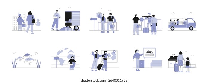 Immigration using various kinds of transportation, moving cities. Character design. Vector flat illustration