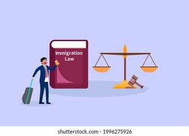 Immigration vector concept. Businessman with immigration law book