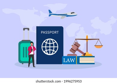 Immigration vector concept. Businessman with passport and law book