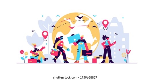 Immigration vector illustration. Flat tiny crisis escaping persons concept. International and global foreign citizen moving to better economical situation. Abroad poor social diversity travel freedom.