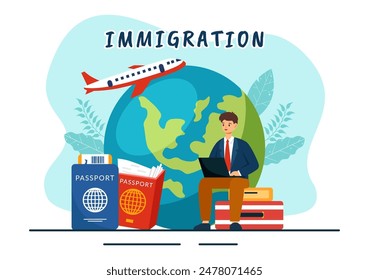 Immigration Vector Illustration, Movement of People with Document Visa and Passport for Relocating to Another Country in a Flat Cartoon Background