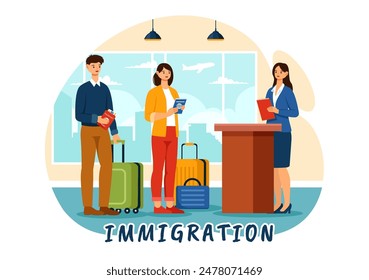 Immigration Vector Illustration, Movement of People with Document Visa and Passport for Relocating to Another Country in a Flat Cartoon Background