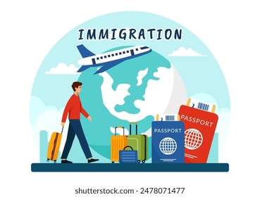 Ilustración vectorial migratoria, movimiento de Personas con visa de documento y pasaporte para reubicarse en otro Country en un fondo plano de caricatura