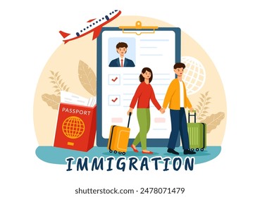 Immigration Vector Illustration, Movement of People with Document Visa and Passport for Relocating to Another Country in a Flat Cartoon Background