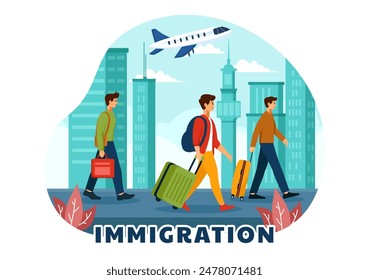 Immigration Vector Illustration, Movement of People with Document Visa and Passport for Relocating to Another Country in a Flat Cartoon Background