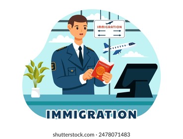 Immigration Vector Illustration, Movement of People with Document Visa and Passport for Relocating to Another Country in a Flat Cartoon Background