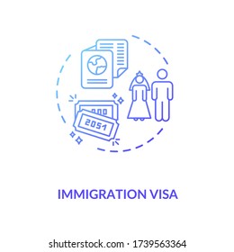 Immigration visa concept icon. Foreign country legal migration. Married couple citizenship document idea thin line illustration. Vector isolated outline RGB color drawing