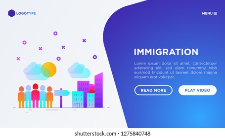 Immigration web page template with gradient flat icons: immigrants moving to the big city. Modern vector illustration.