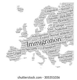 Immigration word cloud concept in a shape of Europe silhouette